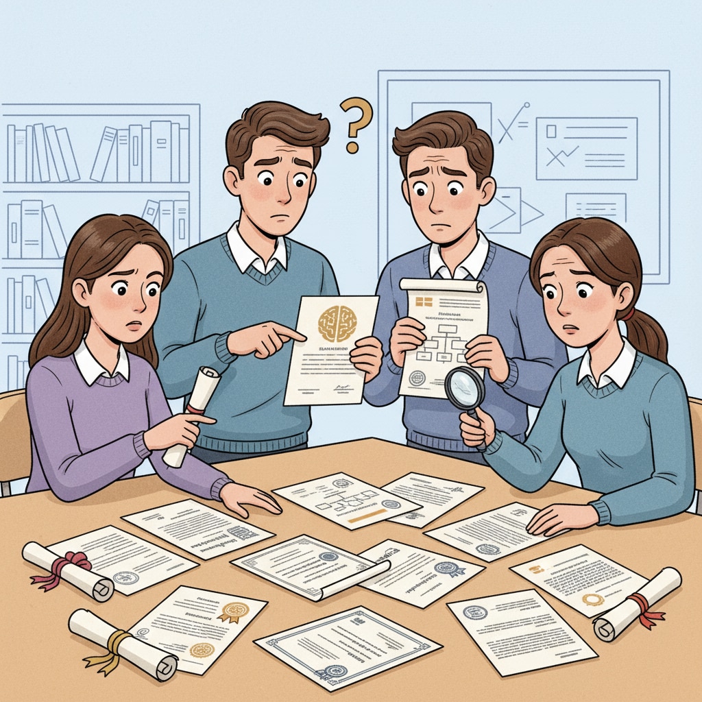 Students examining various career certificates related to employment value and educational investment