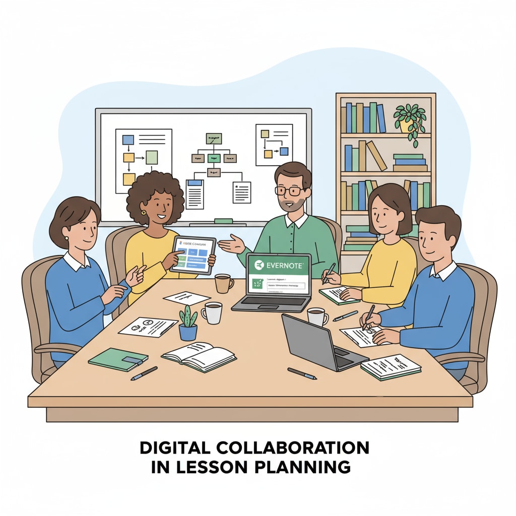 A group of teachers are sitting around a table, using digital devices to plan lessons. Some are looking at tablets with Google Classroom open, while others are jotting down notes in Evernote. Teachers using teaching tools for time management and efficiency