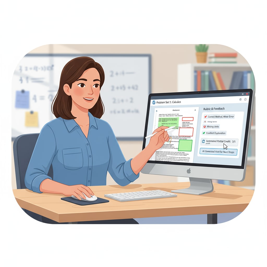 A teacher is grading papers on a computer screen using Gradescope. The screen shows the grading interface with automated feedback options. Teacher using automated grading tool for efficiency