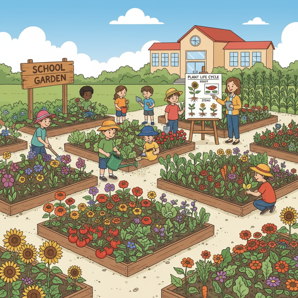 Students planting in a school garden for educational and interdisciplinary learning purposes