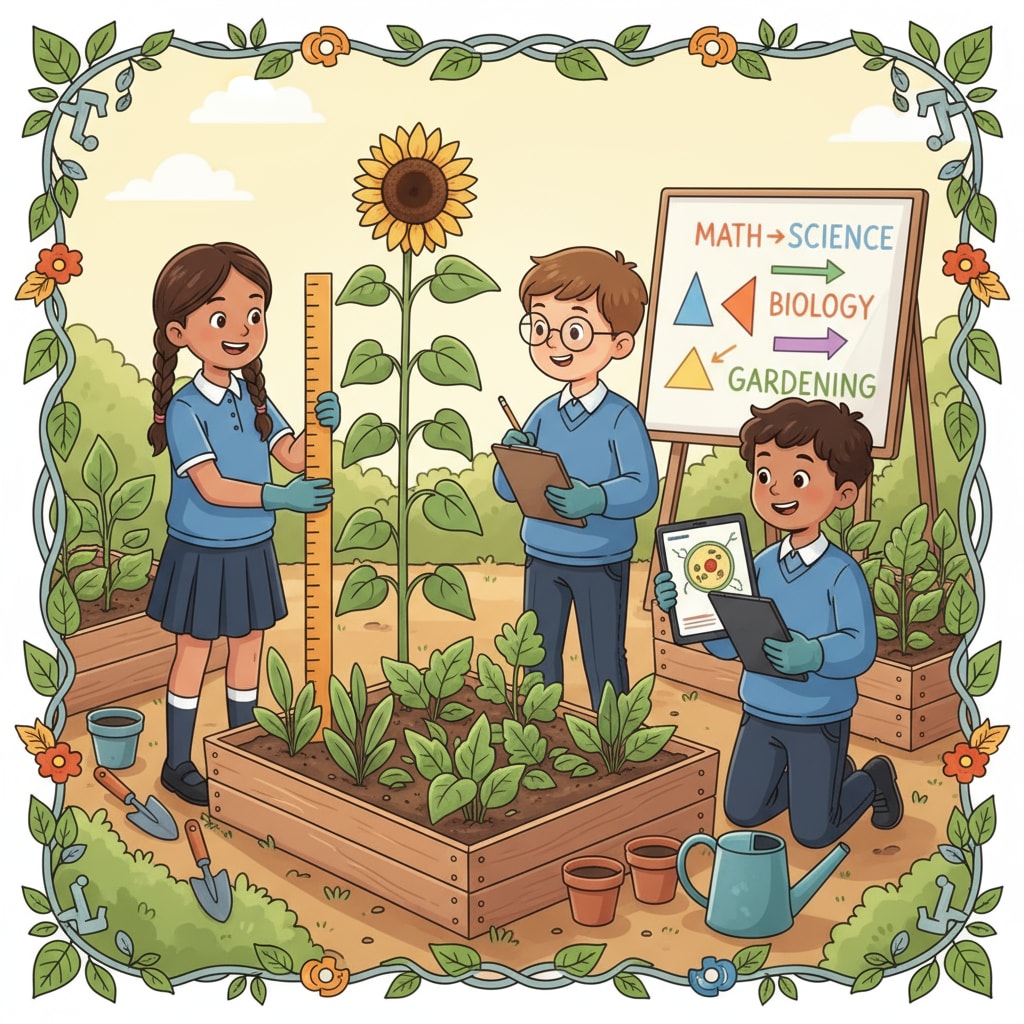 Students measuring plant growth in a school garden for educational effects and interdisciplinary learning