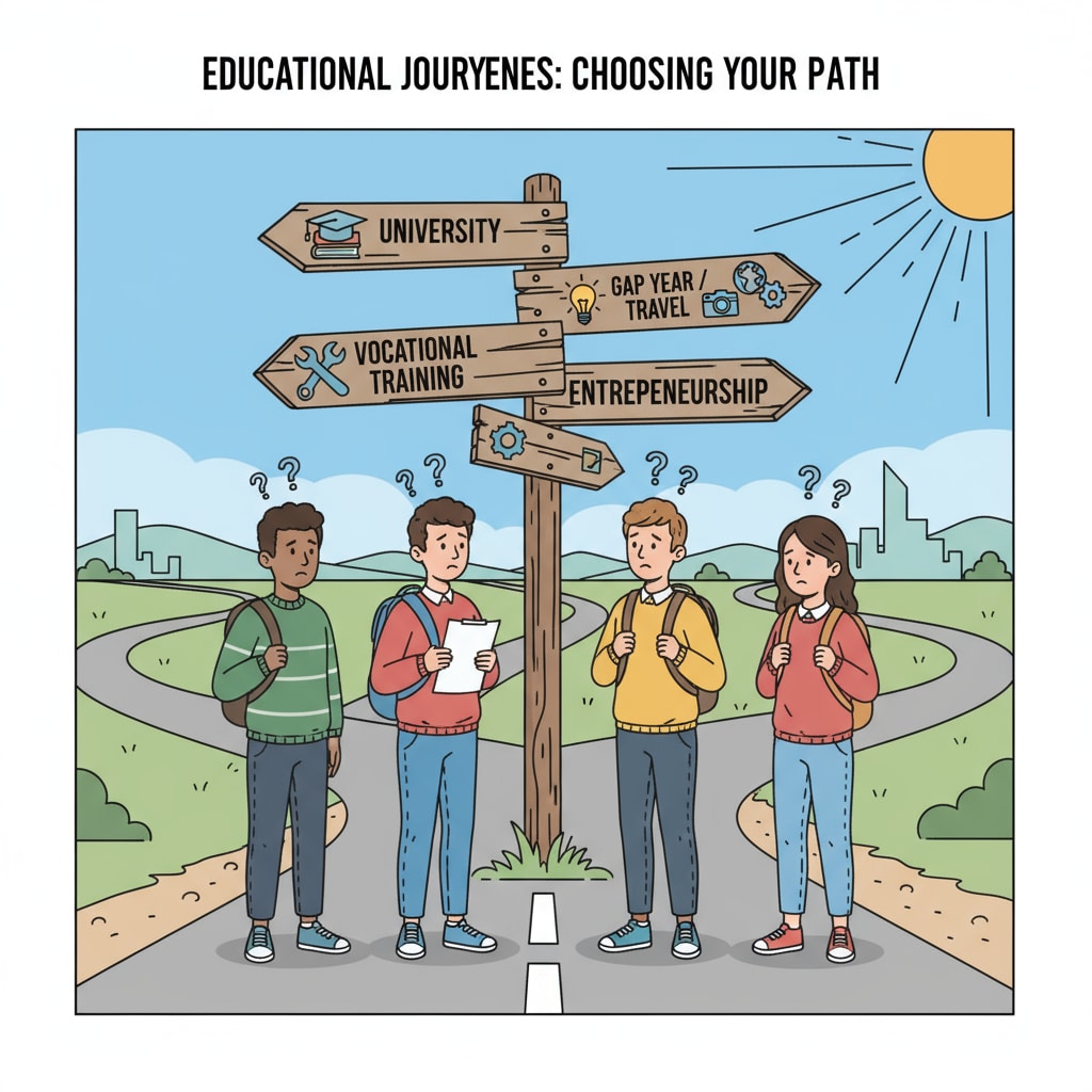 A group of students are standing at a crossroads, looking at different signs representing various educational paths, with confused expressions on their faces. Students facing the dilemma of education choices under social pressures while trying to figure out their life goals.