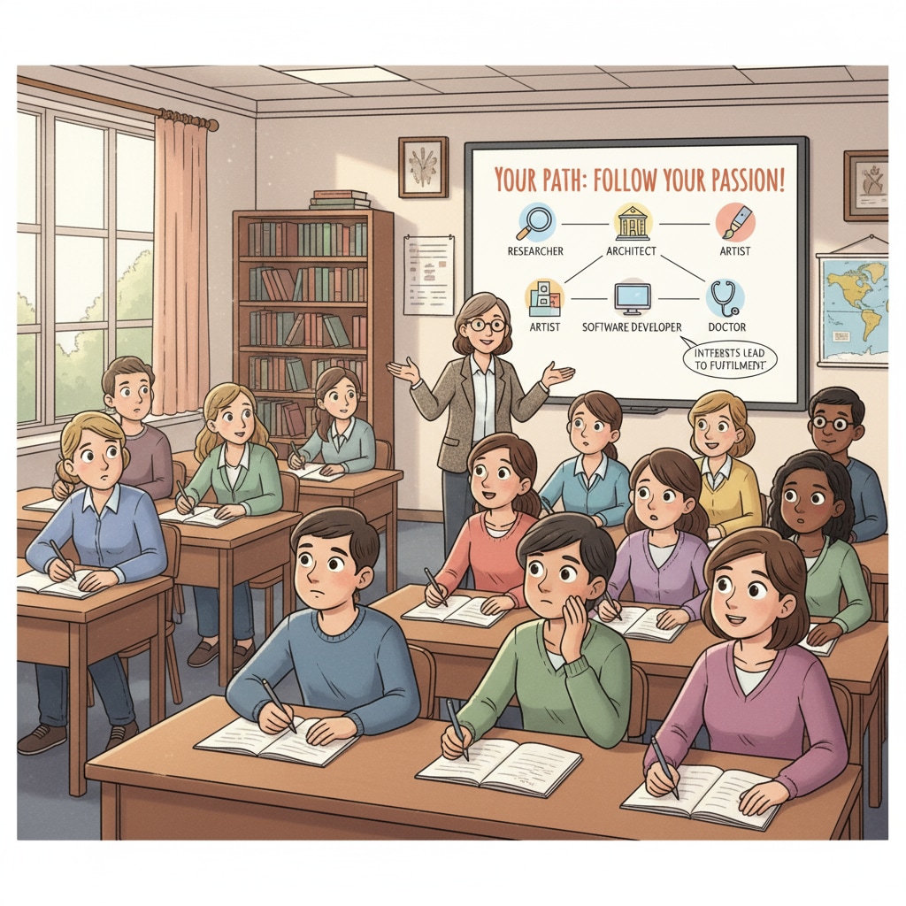 Students are sitting in a classroom, listening attentively to a professor who is discussing different career paths and the importance of choosing based on one's interests. Students learning about how to align education with their life goals in the face of social pressures.