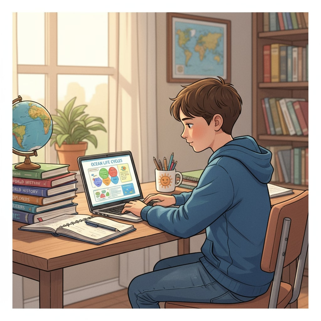 A child engaged in home schooling, potentially affected by bias transmission and educational horizons.