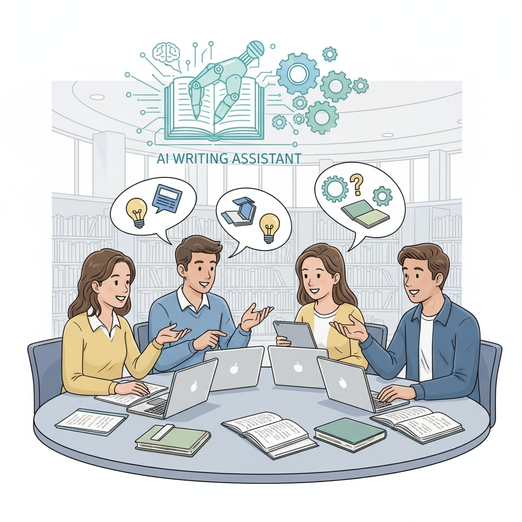 Students discussing writing with AI support