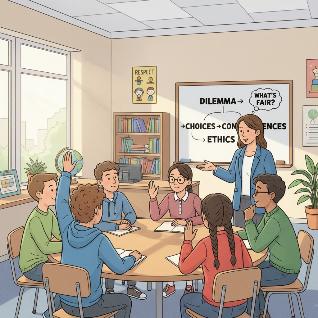 Students discussing moral relativism, common values, and social division in a classroom