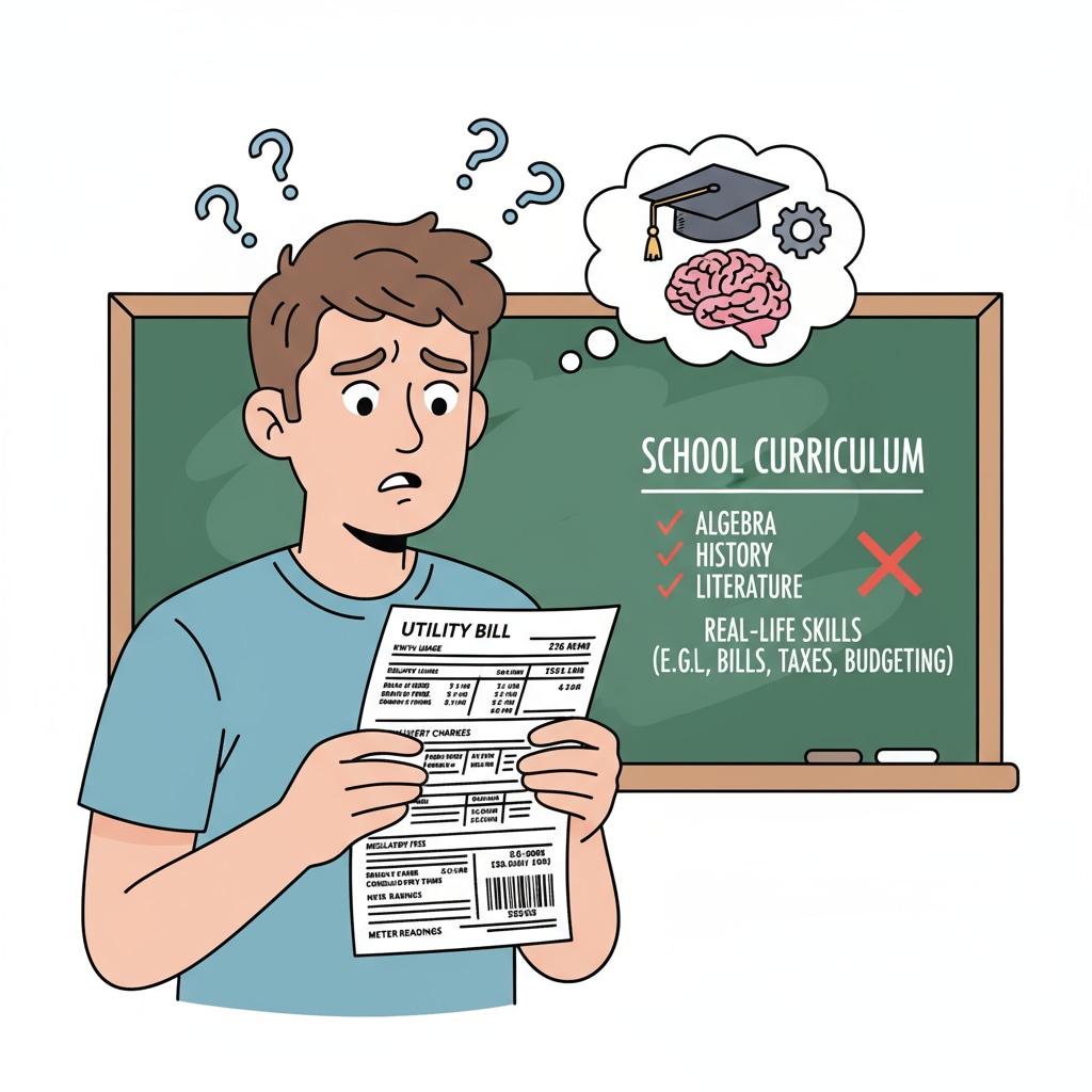 Young adult confused with a utility bill, indicating lack of practical skills from school education