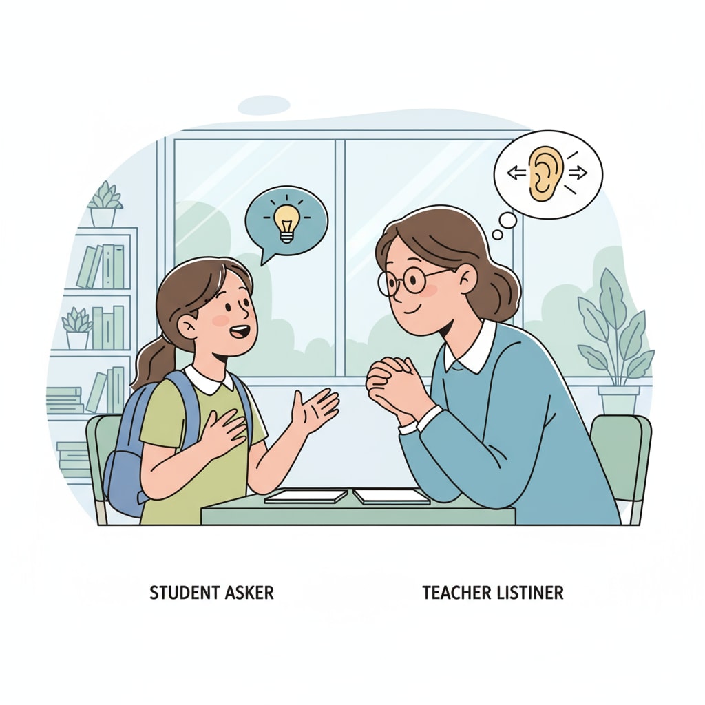 A teacher and student interaction highlighting dialogue and active listening.