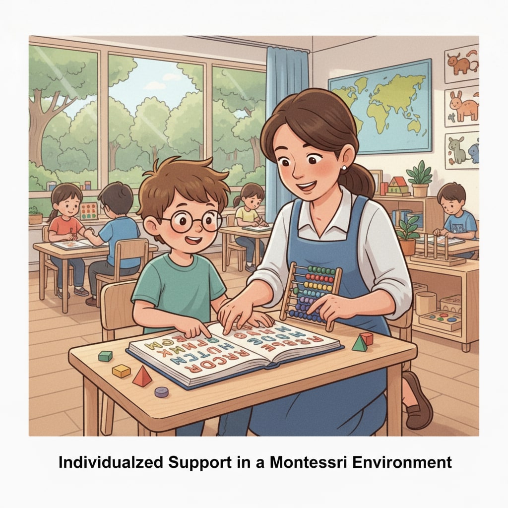 A child with learning disability in Montessori classroom relevant to high-ability students, school transition, twice-exceptional (2e), Montessori education