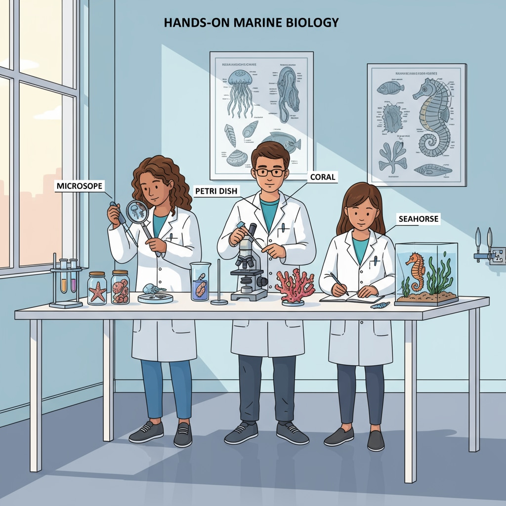 Students exploring marine specimens in a lab for their marine biology degree without prior knowledge