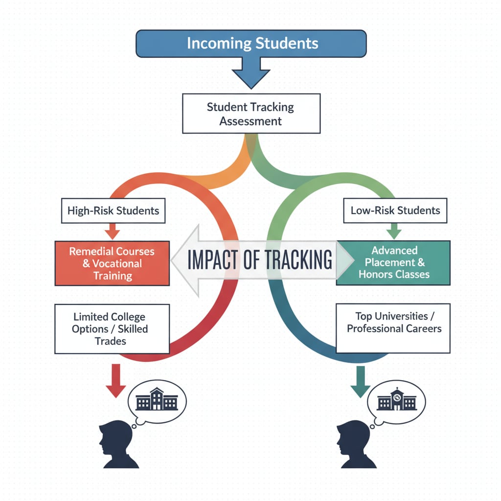 Visual representation of student tracking's impact on high-risk and low-risk students in the context of teacher shortages, student tracking, and mathematics education