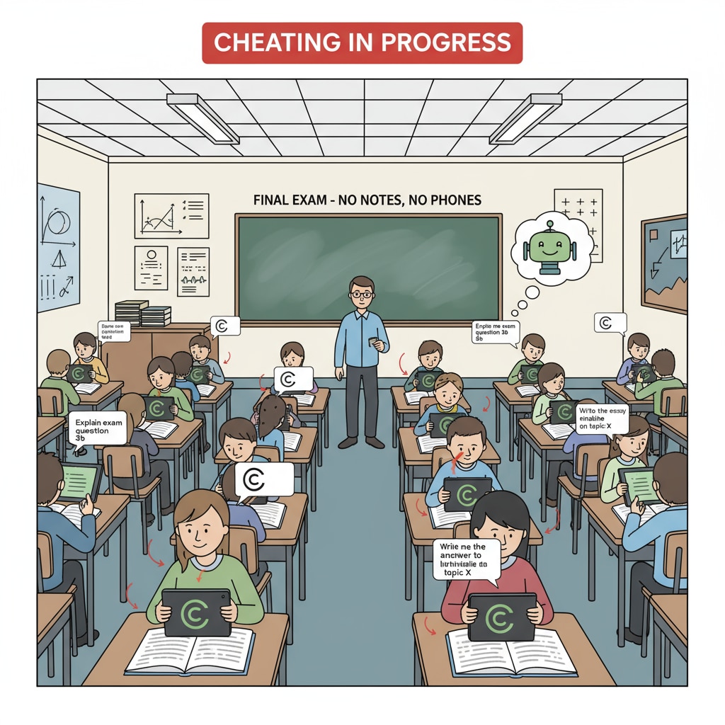 A scene depicting students secretly using ChatGPT on their devices during an exam in a classroom, highlighting the cheating issue. Students using ChatGPT for cheating in the classroom