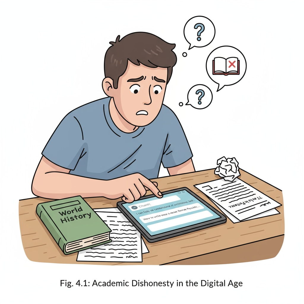 A close-up view of a student looking at a device with the ChatGPT interface, with a worried expression, while trying to use it to cheat on an assignment. Close-up of a student using a device with ChatGPT interface for academic dishonesty