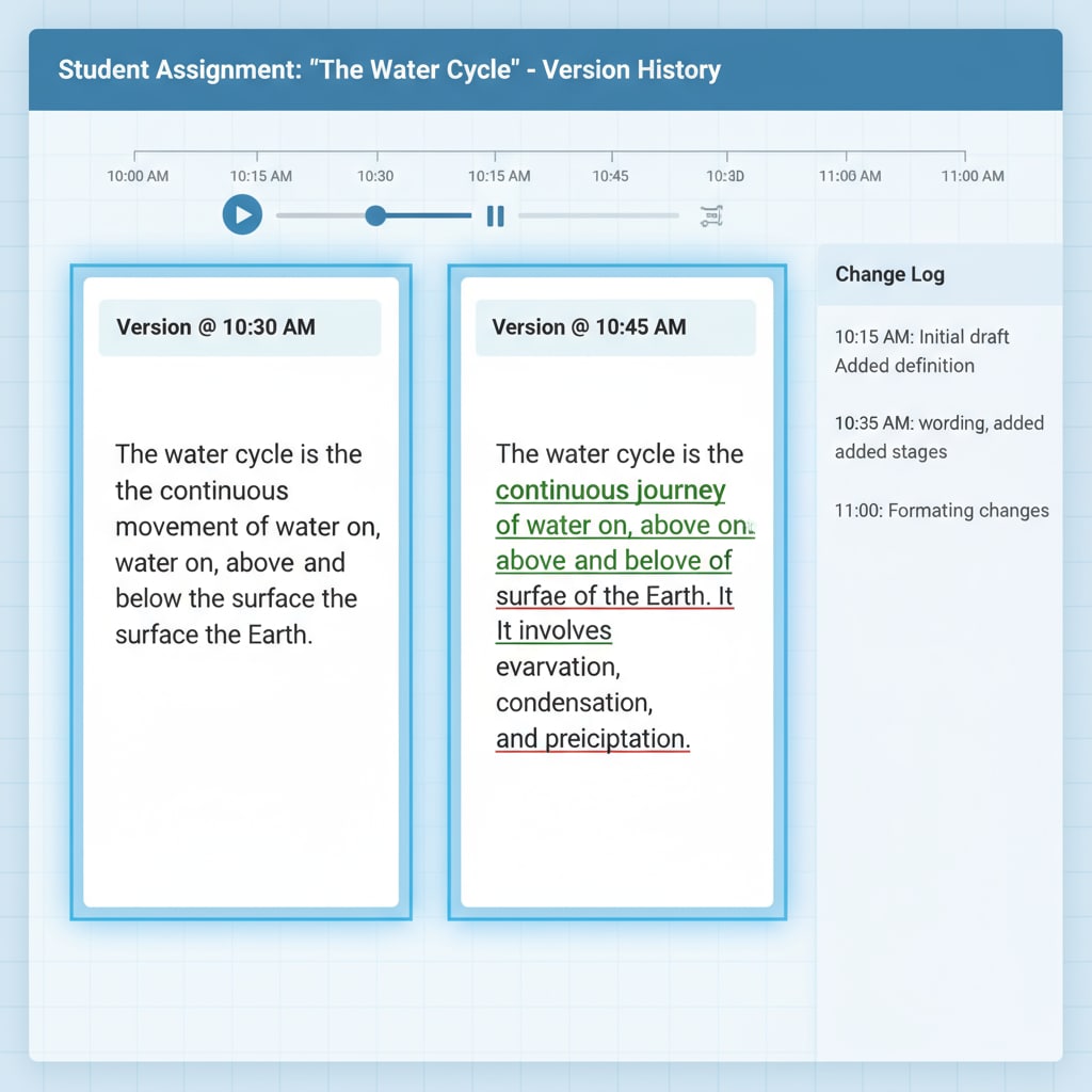 Document history replay tool interface for detecting changes in a student's writing related to academic integrity and teaching evaluation