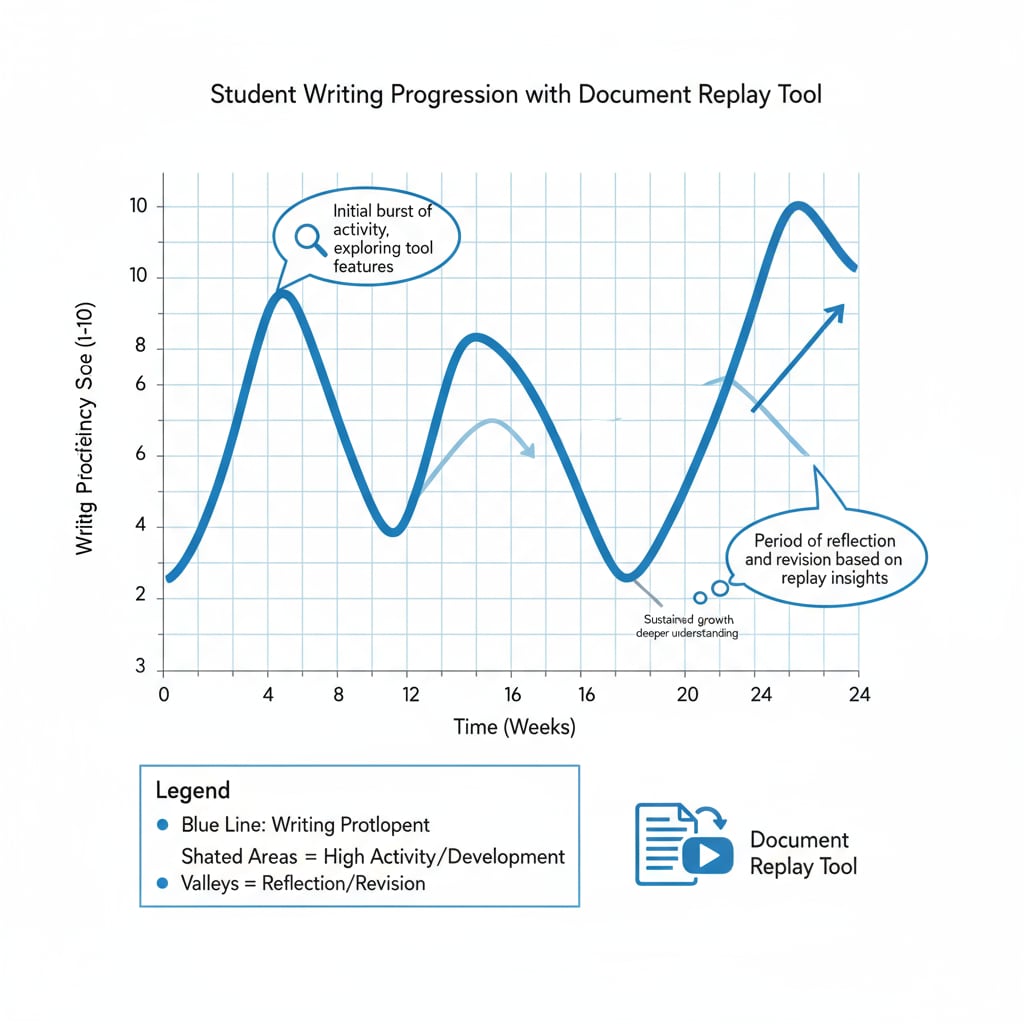 Graph depicting the writing process of a student using a document replay tool for academic integrity and teaching evaluation purposes