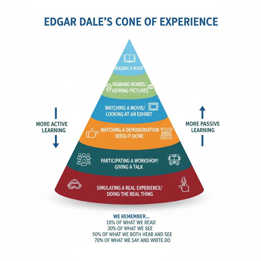 Visual representation of Edgar Dale's Cone of Experience highlighting learning hierarchy and sensory experience