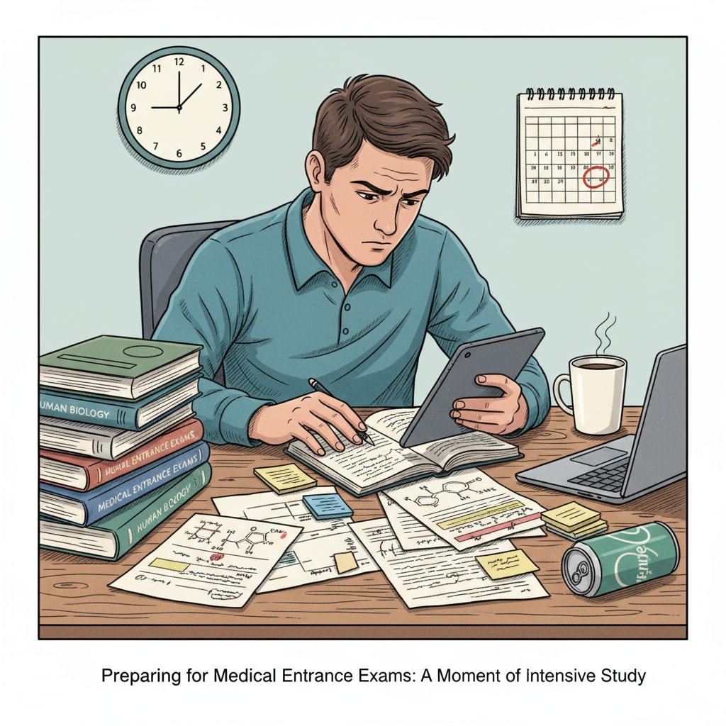 A stressed student studying for medical entrance exams due to learning anxiety and knowledge gaps