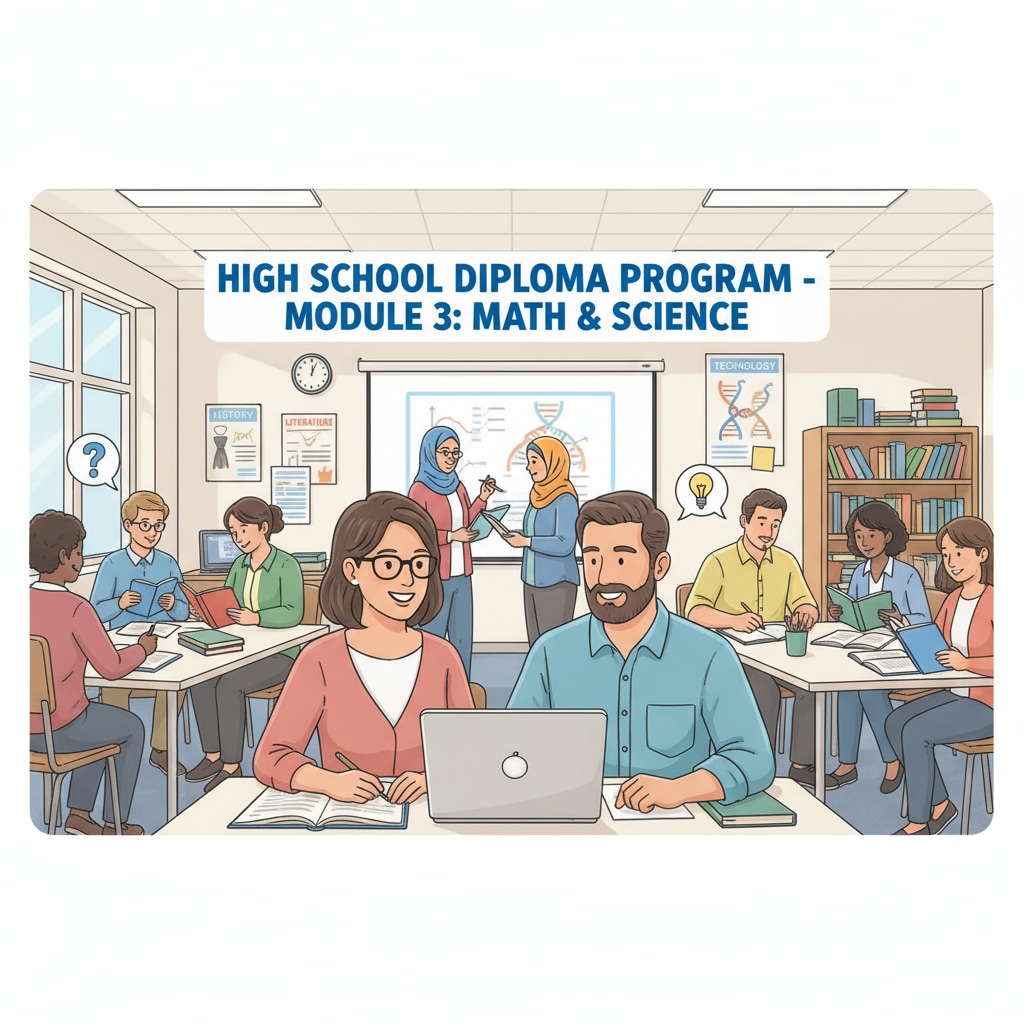 Adult learners in a classroom for high school diploma programs relevant to adult education and college applications