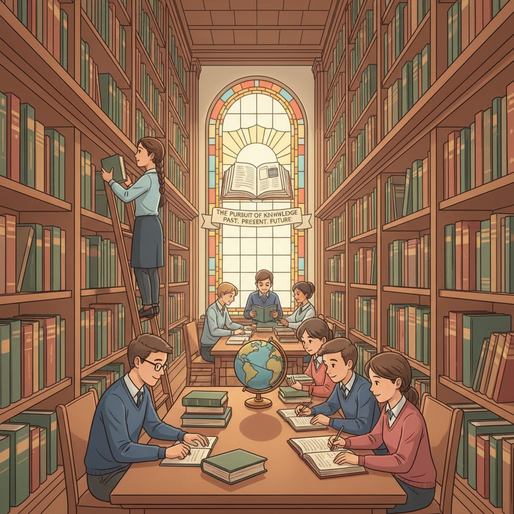 Library scene emphasizing the acquisition of historical knowledge for educational standards, historical knowledge, and civic literacy