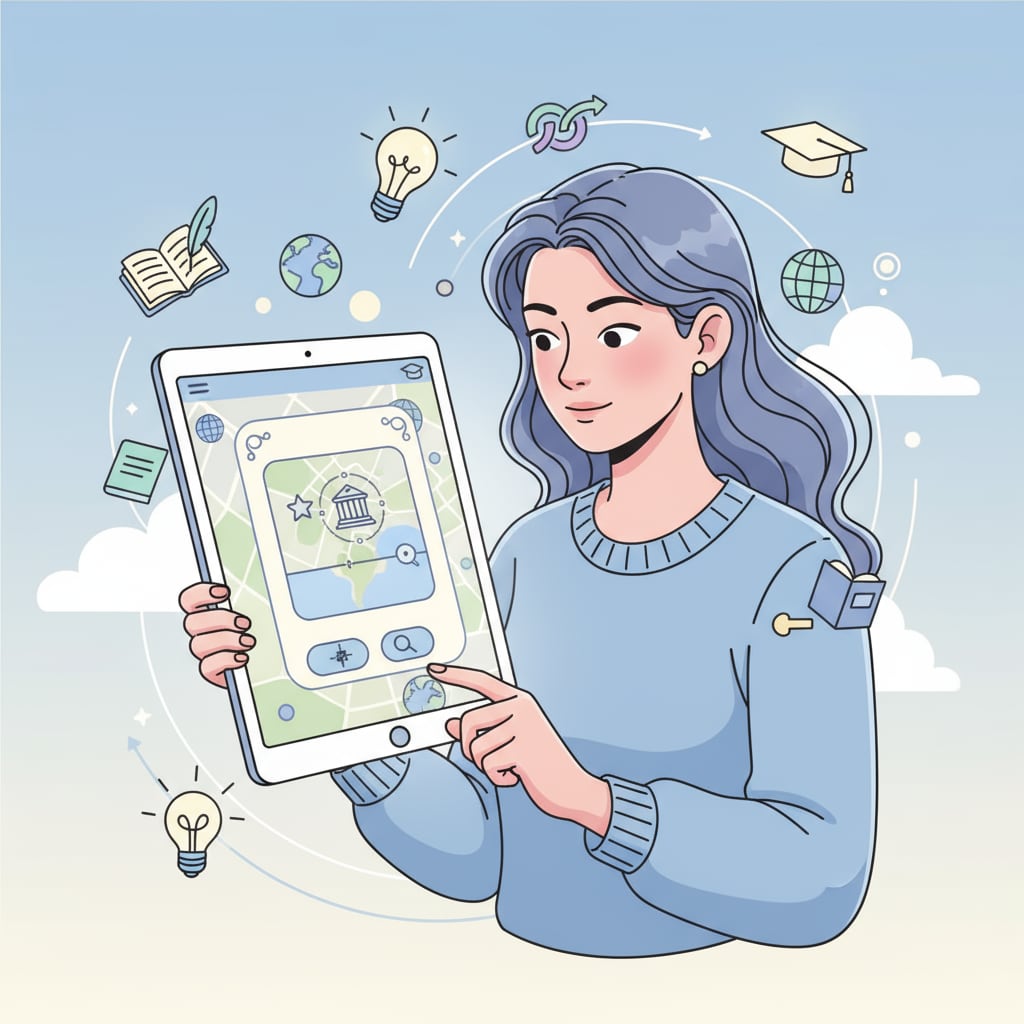 A student using a state capital learning app for geography education