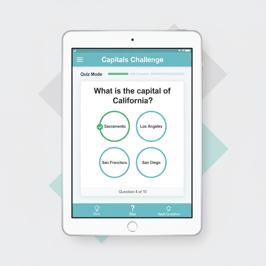 Screenshot of a state capital learning app's quiz section for geography education