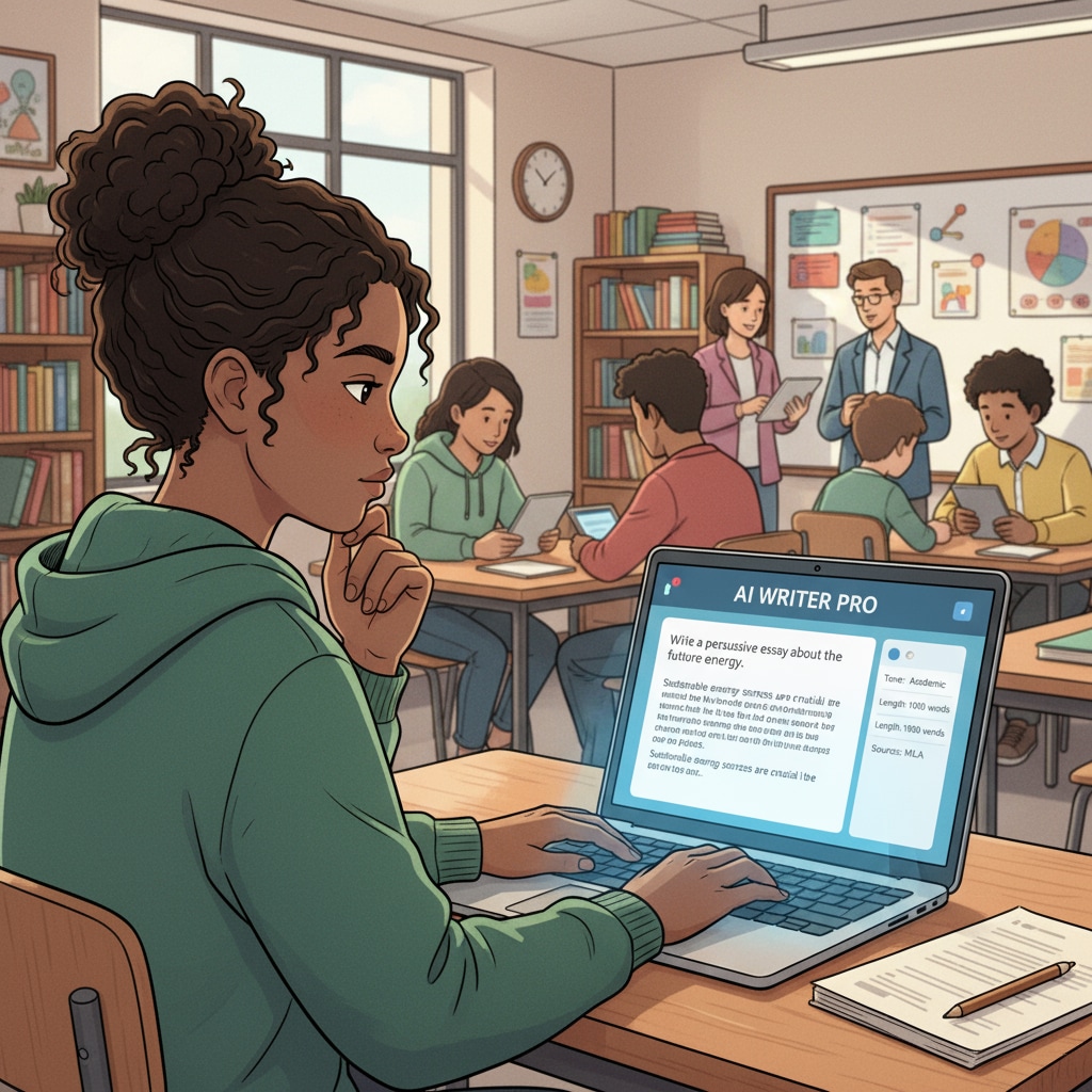 Student using AI writing tool in a classroom related to student assignment authenticity, writing instruction, and AI cheating