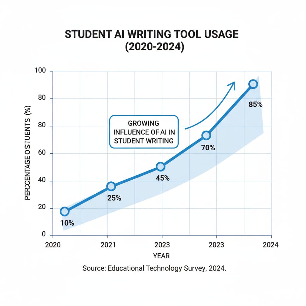 Graph depicting the growth of AI writing tool usage related to student assignment authenticity, writing instruction, and AI cheating