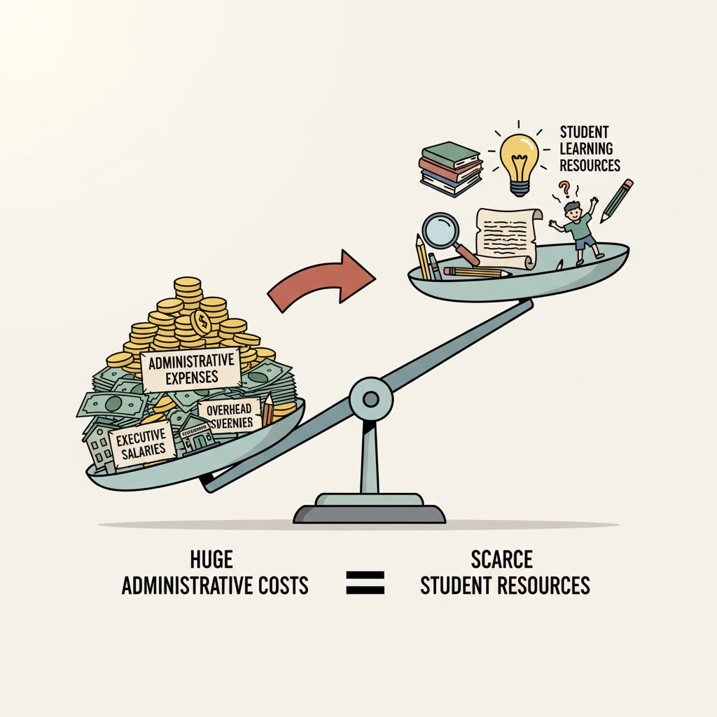 Illustration showing the imbalance between education administrative expenses and students' learning resources