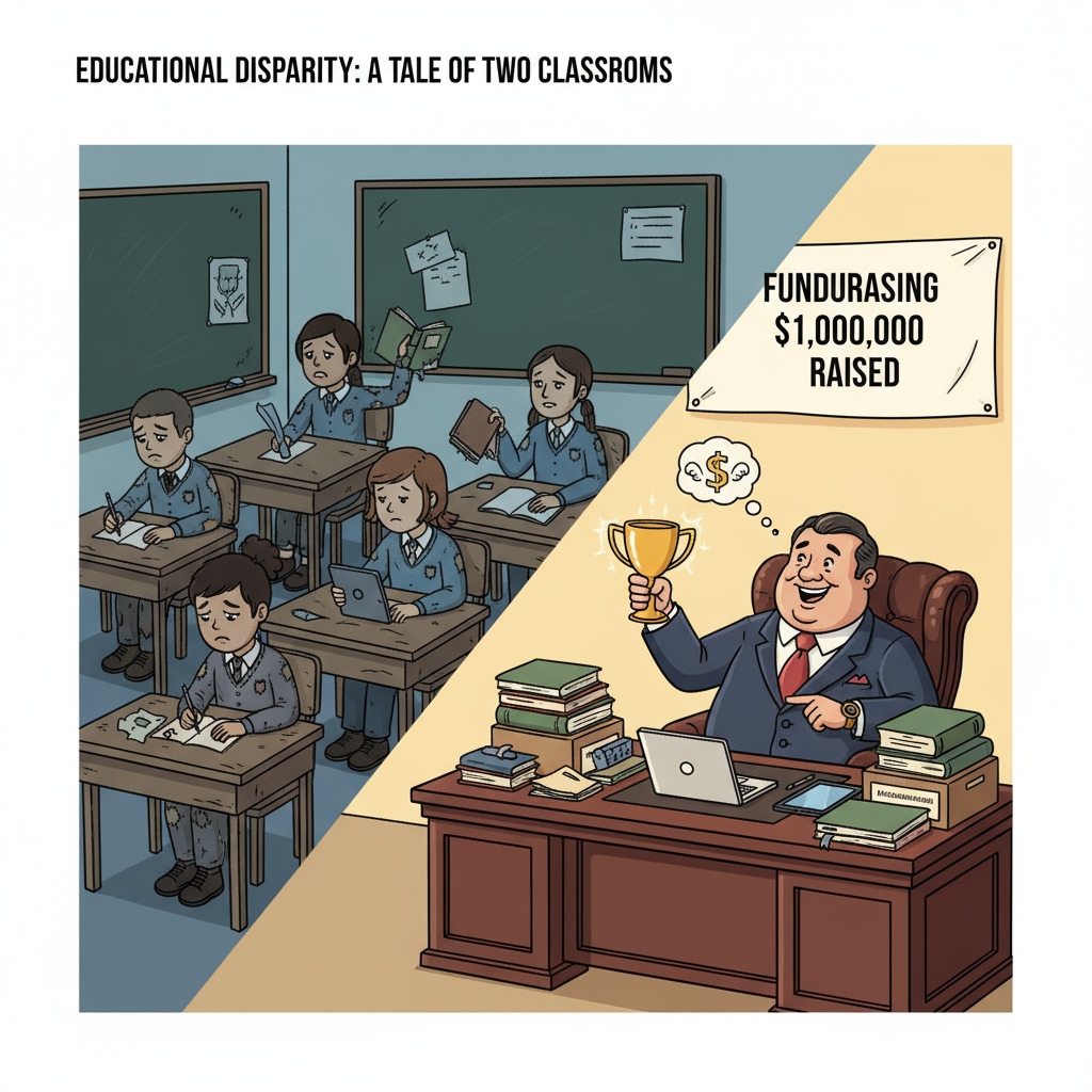 Classroom scene showing the impact of administrative expenses on student learning resources