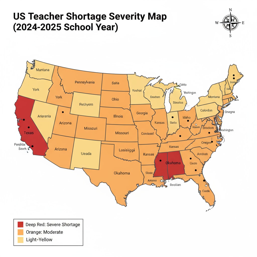 A map showing regions with teacher shortages in the US