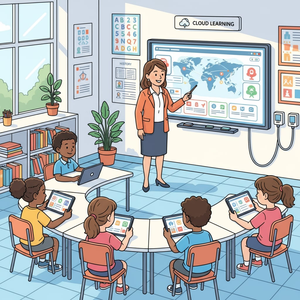 Classroom with students using digital devices for education innovation in primary courses and teaching methods
