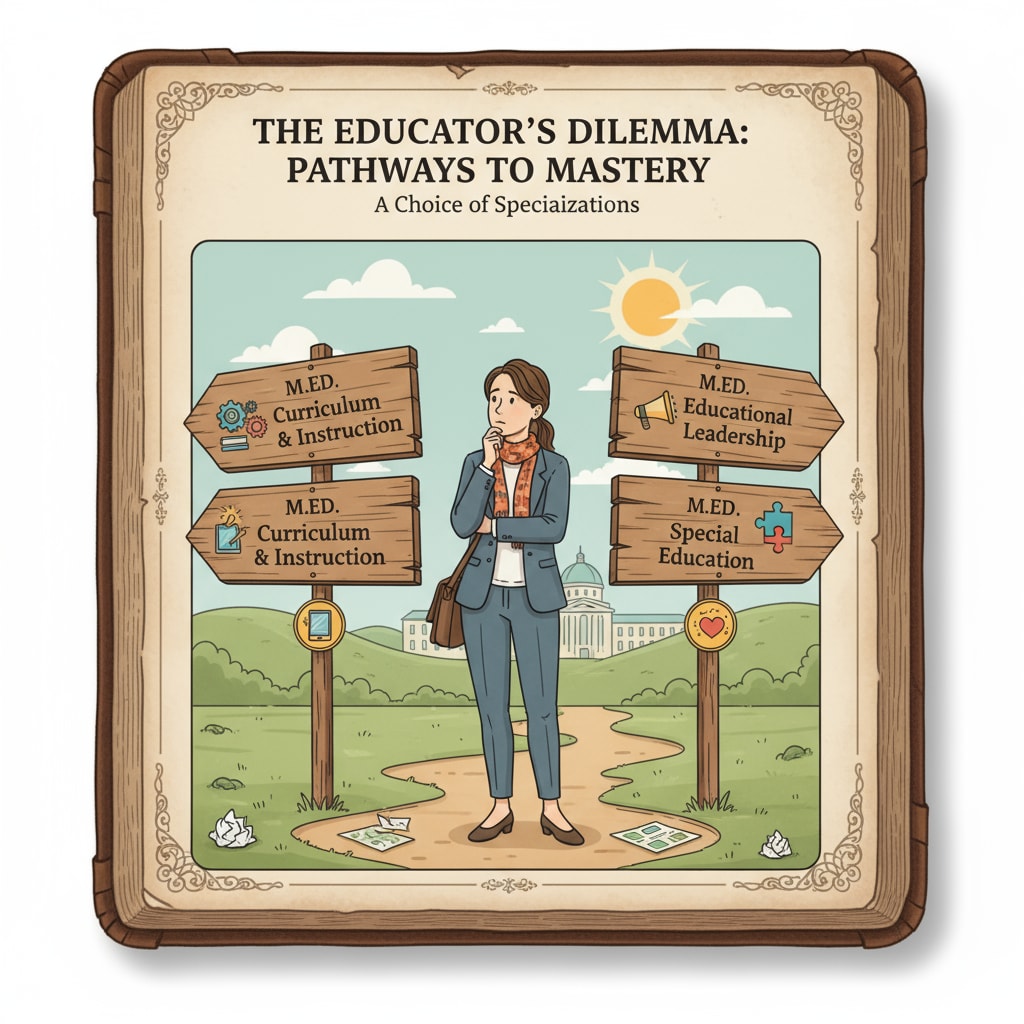 A teacher at a crossroads choosing between educational master specializations related to career development and personal interests in curriculum design
