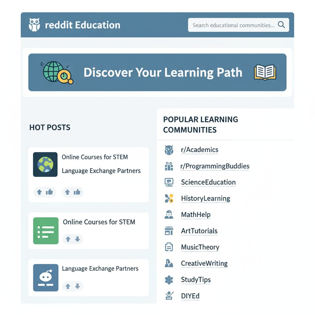 A screenshot of the Reddit education community homepage with various subreddit names visible, giving an overview of the educational offerings on the platform. Screenshot of Reddit's educational community homepage showing community rules, educational networks, and subreddits