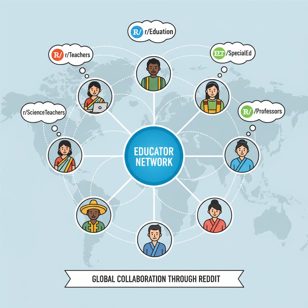 A graphic depicting educators from different regions connecting with each other through various Reddit subreddits, highlighting the networking aspect. Graphic showing educators connecting via Reddit subreddits within the educational network