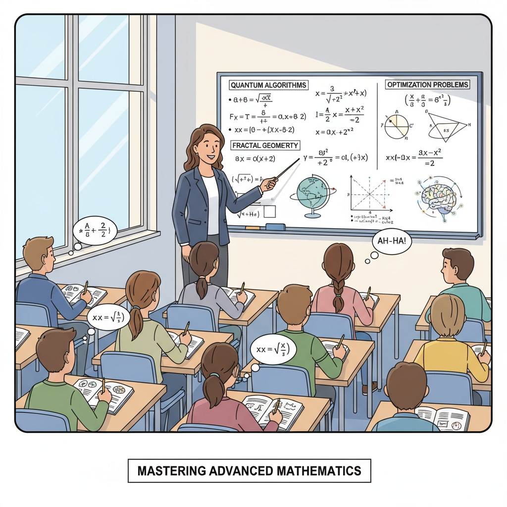 A classroom scene shows students attentively learning advanced mathematics from a teacher at the front of the class. A classroom scene of students learning advanced mathematics, highlighting the disconnect between mathematics education, practical value, and advanced mathematics.