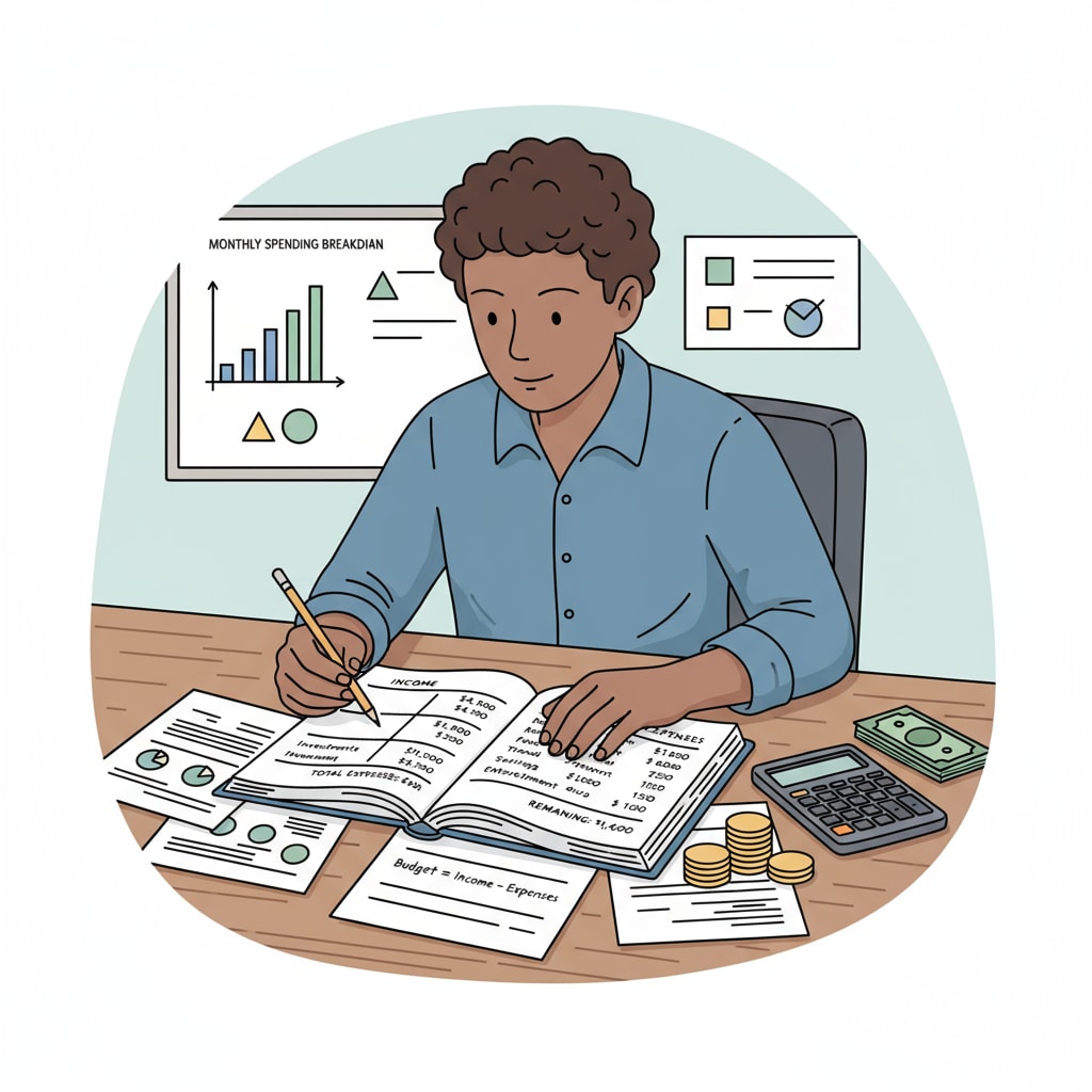 A person is sitting at a table, carefully using basic math concepts to create a monthly budget, with a calculator and papers in front of them. A person using basic math for budgeting, demonstrating the practical value of basic mathematics in daily life compared to advanced mathematics.