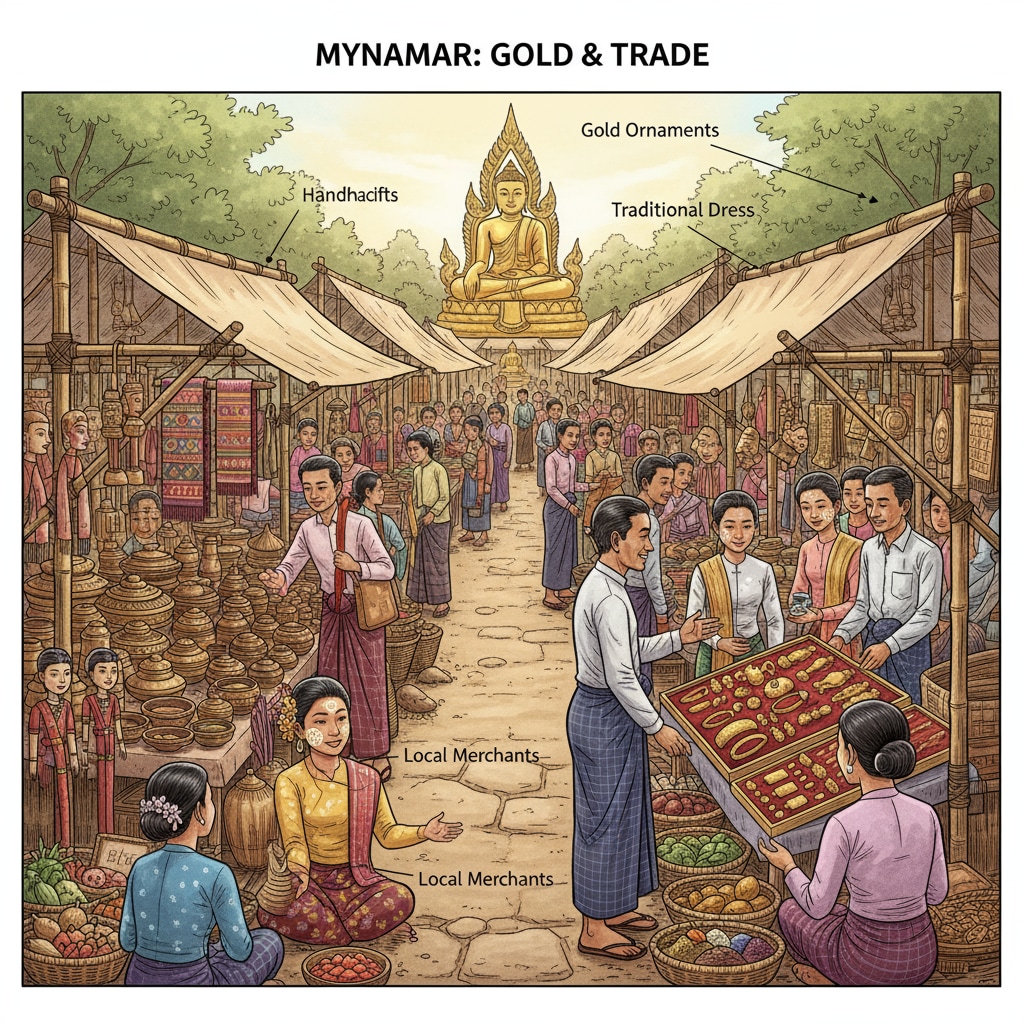 A view of Myanmar's market highlighting international attention, gold, and culture
