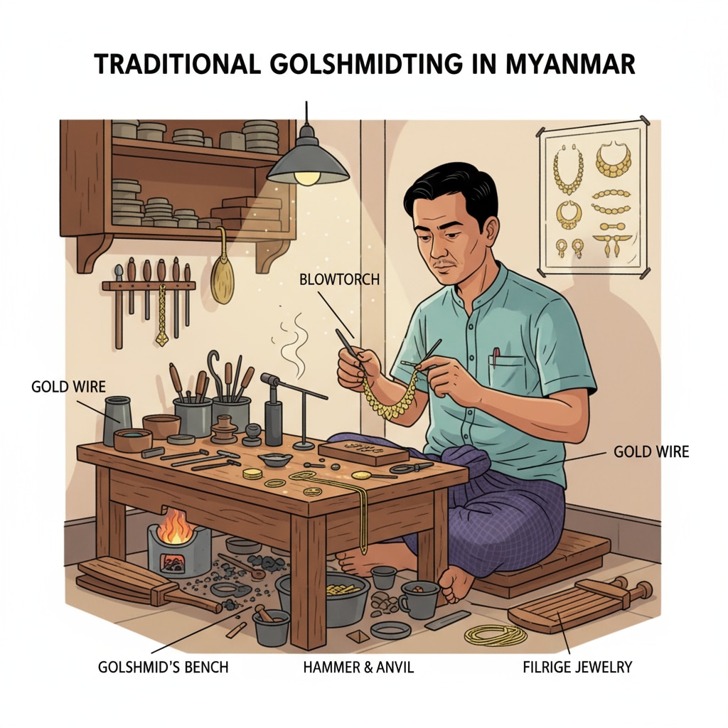 A traditional goldsmith in Myanmar engaged in his craft, related to international attention, gold, and culture