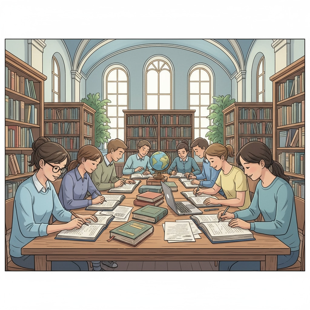 A group of students are sitting at tables in a library, reading books and taking notes, showing a studious environment. Students studying in a library for high scores