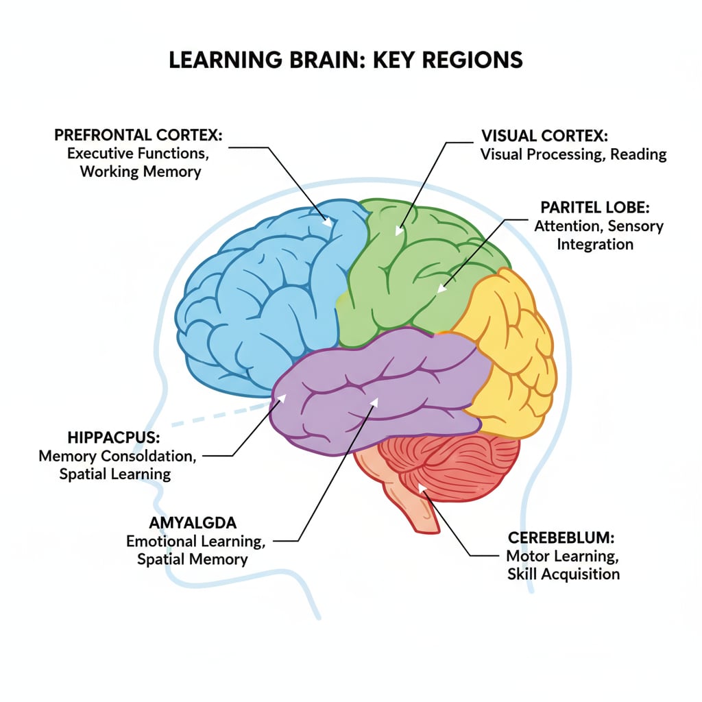 A scientific diagram of the brain with labels showing different areas involved in learning processes. Brain diagram for understanding learning and achieving high scores