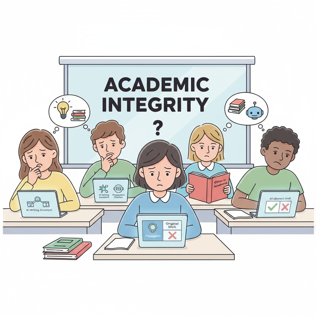 Students in a classroom facing moral dilemmas regarding academic integrity with ChatGPT use.