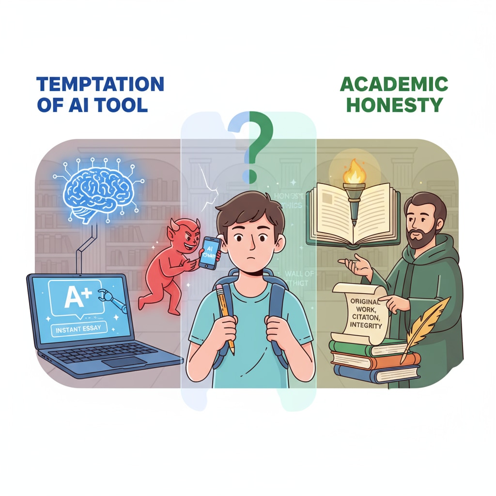 Illustration of a student's moral conflict related to ChatGPT use and academic integrity.
