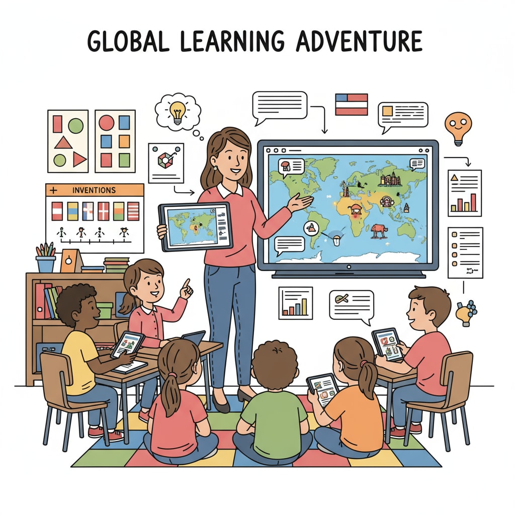 A teacher is using educational technology tools such as a tablet and interactive software in the classroom to engage students. A teacher utilizing educational technology for enhanced teaching efficiency