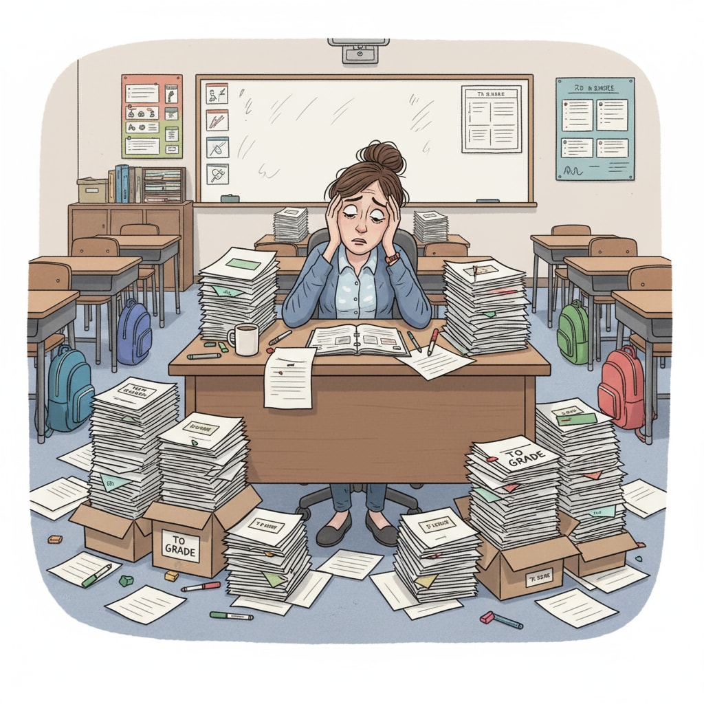 A teacher is sitting at a desk, looking stressed while surrounded by piles of papers to grade. A teacher burdened with a heavy workload of grading papers
