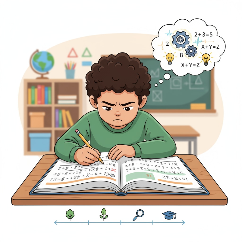 A young child is deeply focused on solving a set of math problems, demonstrating the process of learning and potential development. Child concentrating on math problems for learning comprehension, intelligence enhancement, and potential discovery