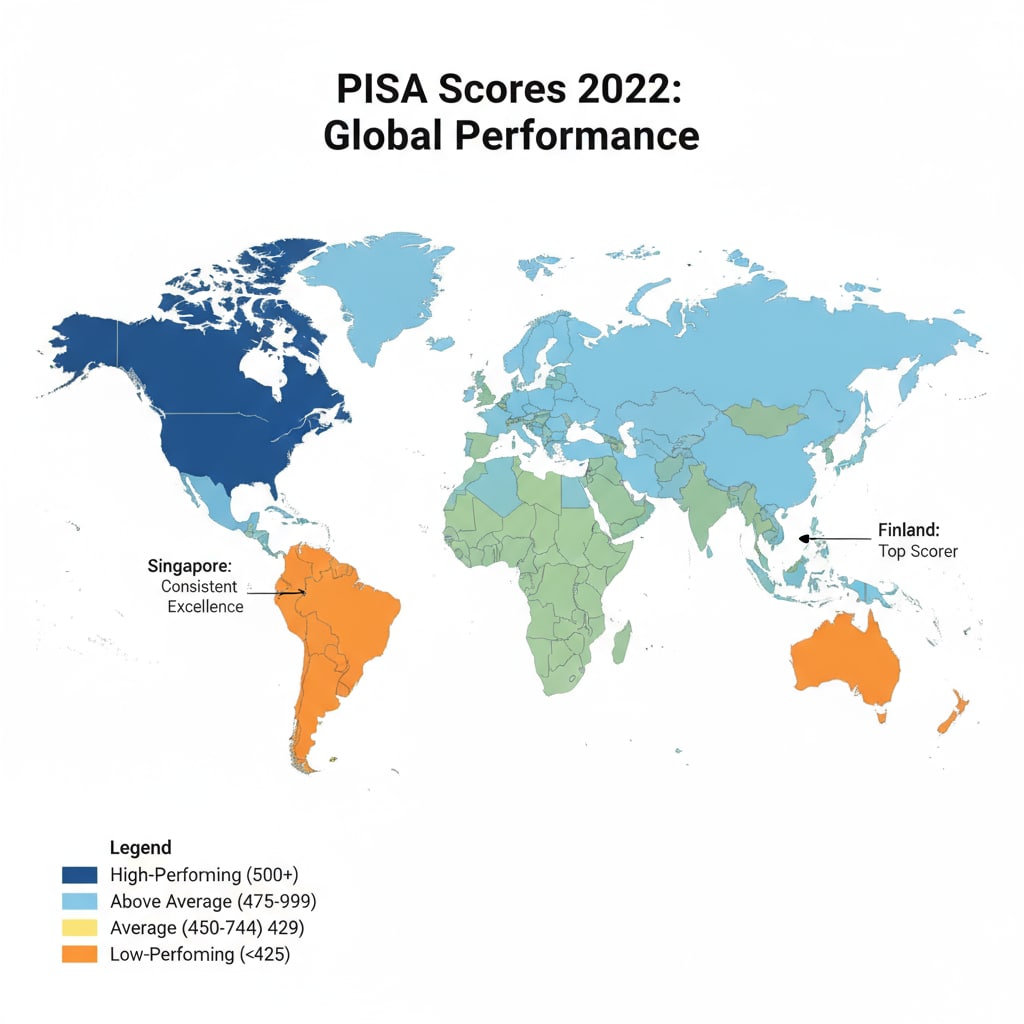 Map showing PISA scores of different countries relevant to school statistics, PISA, and education indicators