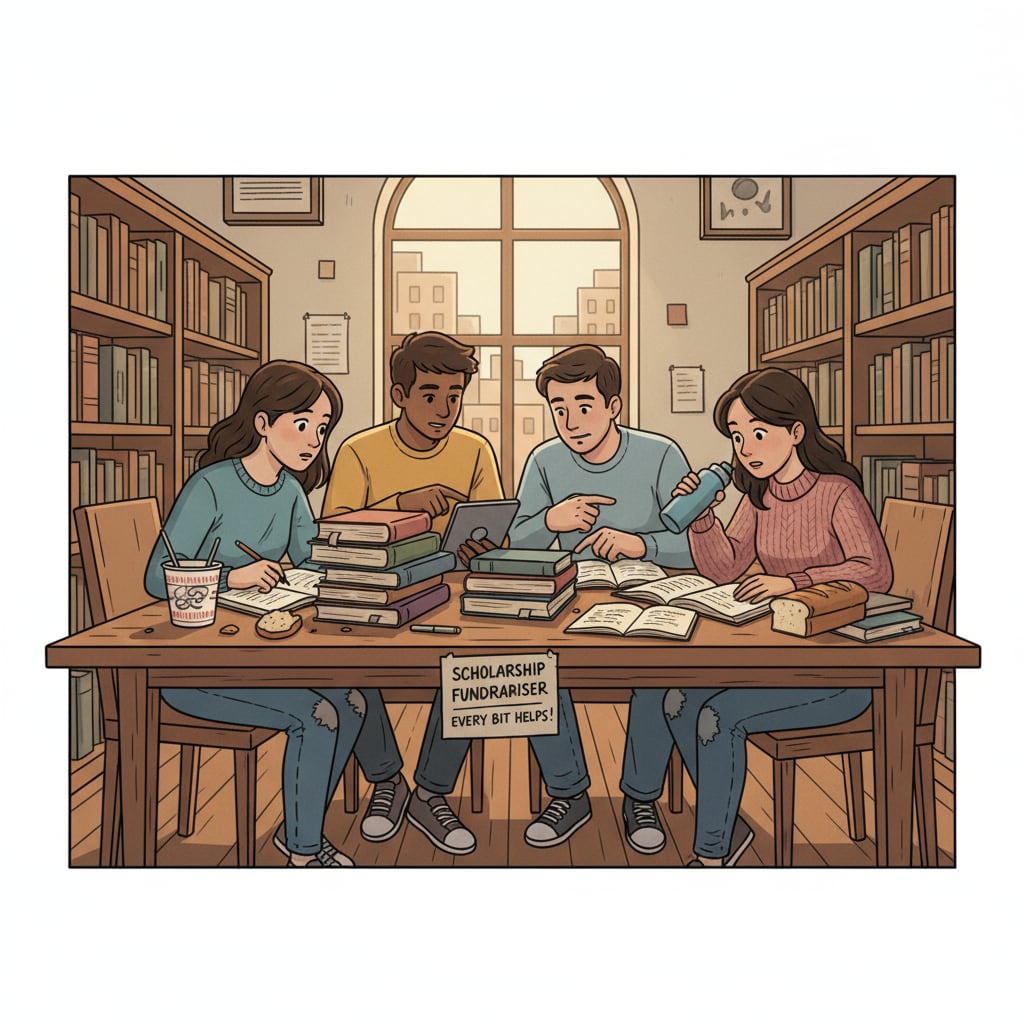 Students studying in a library while facing economic hardship and tuition fee challenges