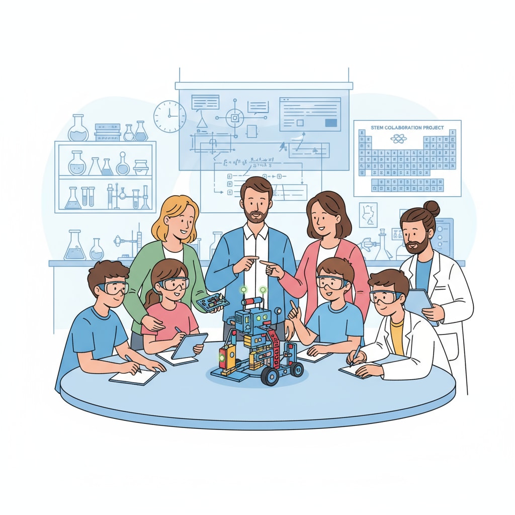 Students, teachers, and professionals collaborating in a STEM education partnership