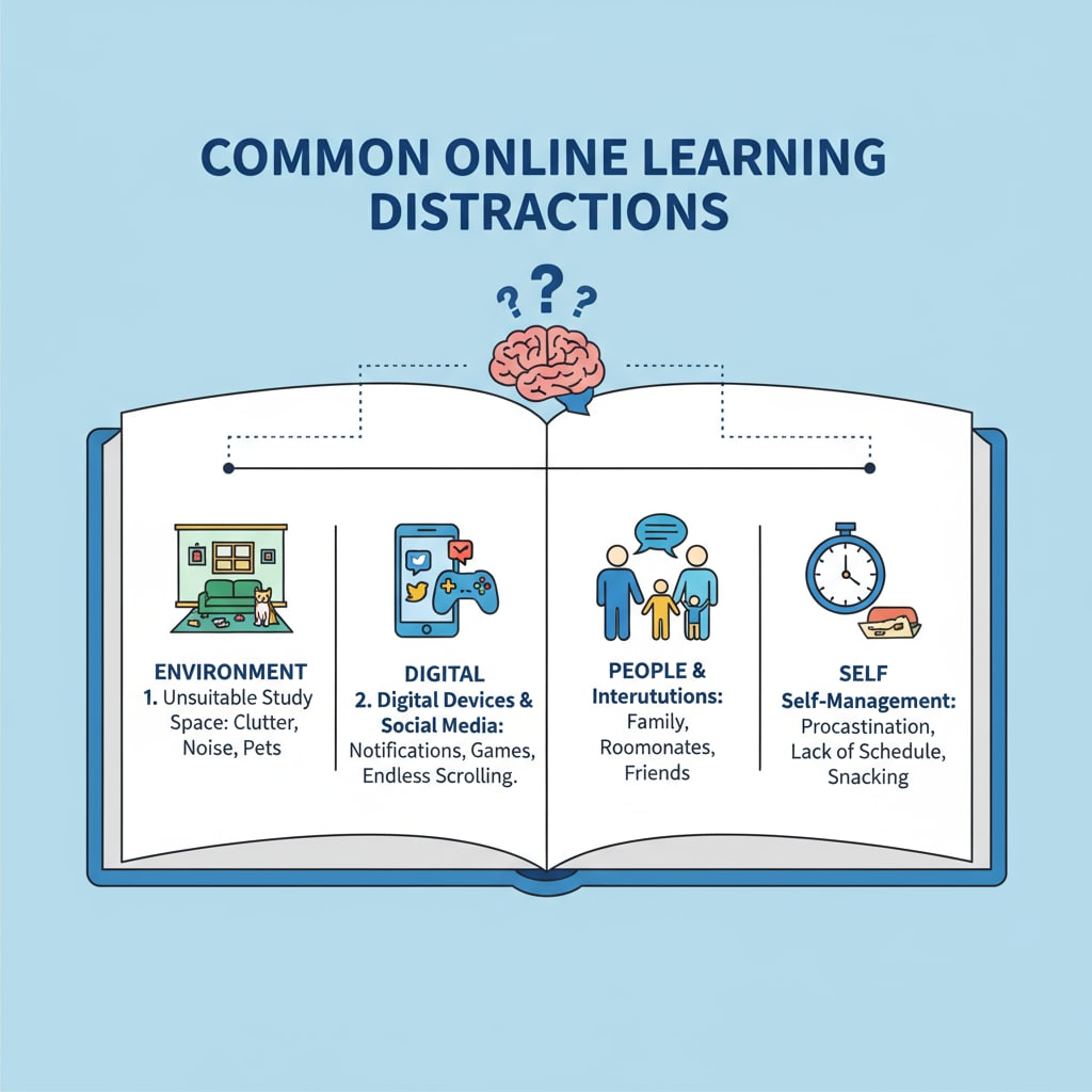 Infographic highlighting distractions affecting productivity in online learning related to mental health