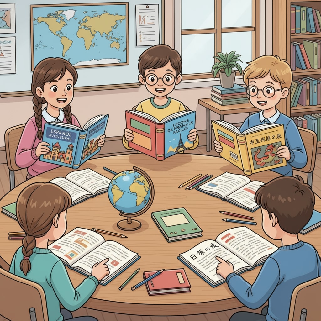 A group of K12 students are seen gathered around a table, each with a different language book, looking engaged and excited about learning. K12 students exploring different languages